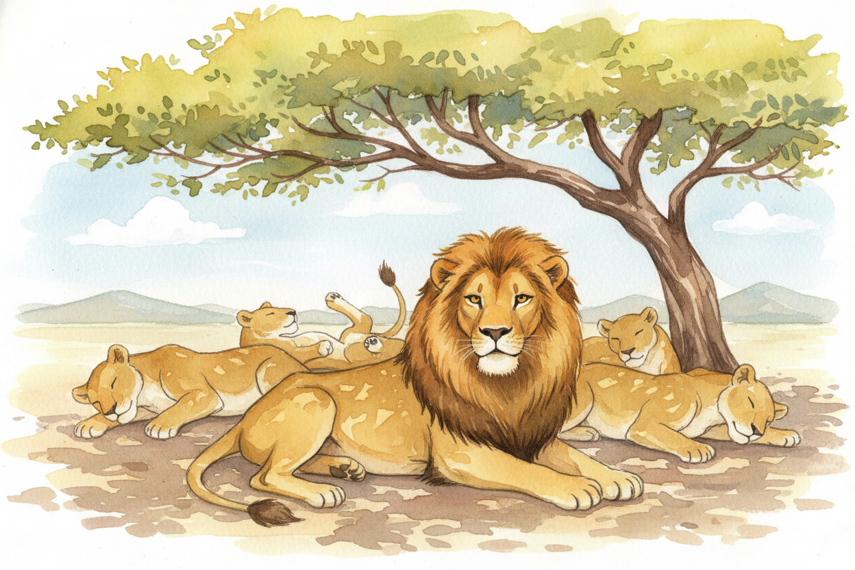 Lions lounge in the shade, watching the herds with lazy eyes. A pride can have **up to forty members** — *mostly females