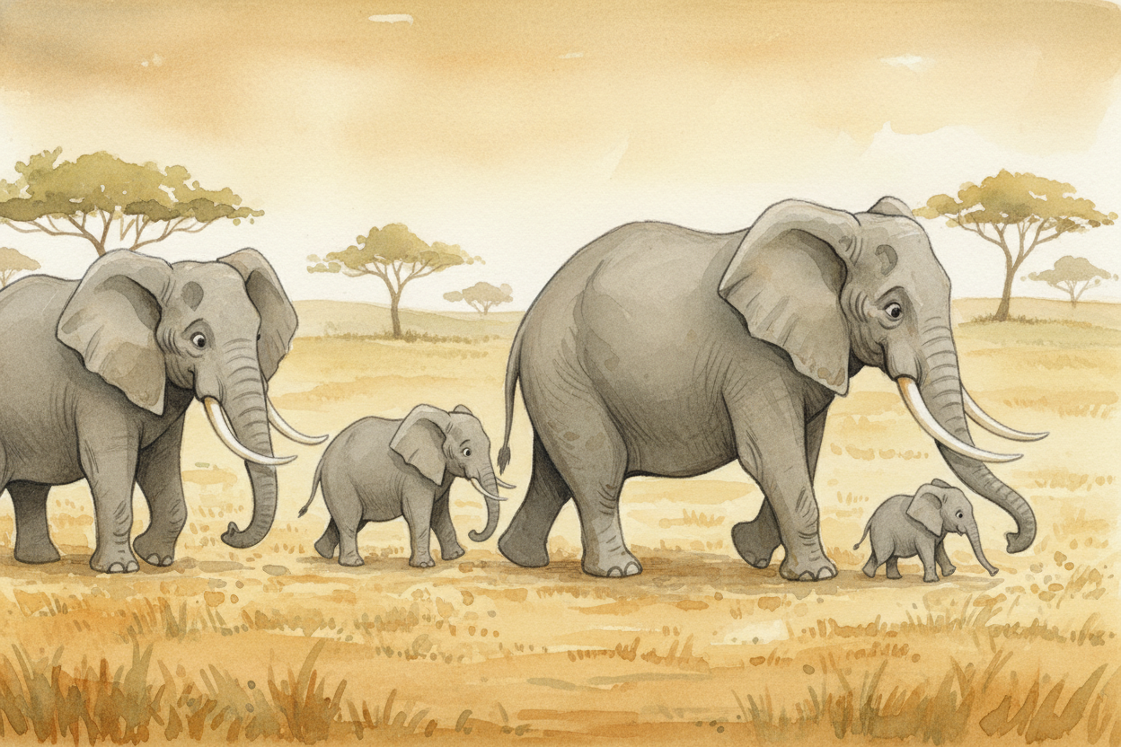 Elephants move like **living mountains**, their trunks swinging. A trunk has ~~forty thousand muscles~~ and can *lift a 