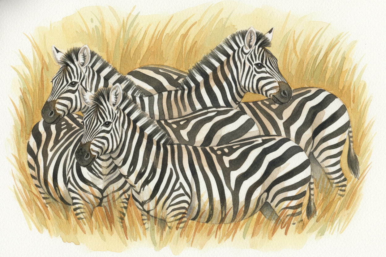 Zebras stand in groups, their stripes making a dazzling puzzle. Every zebra's pattern is unique, *like a fingerprint*. S