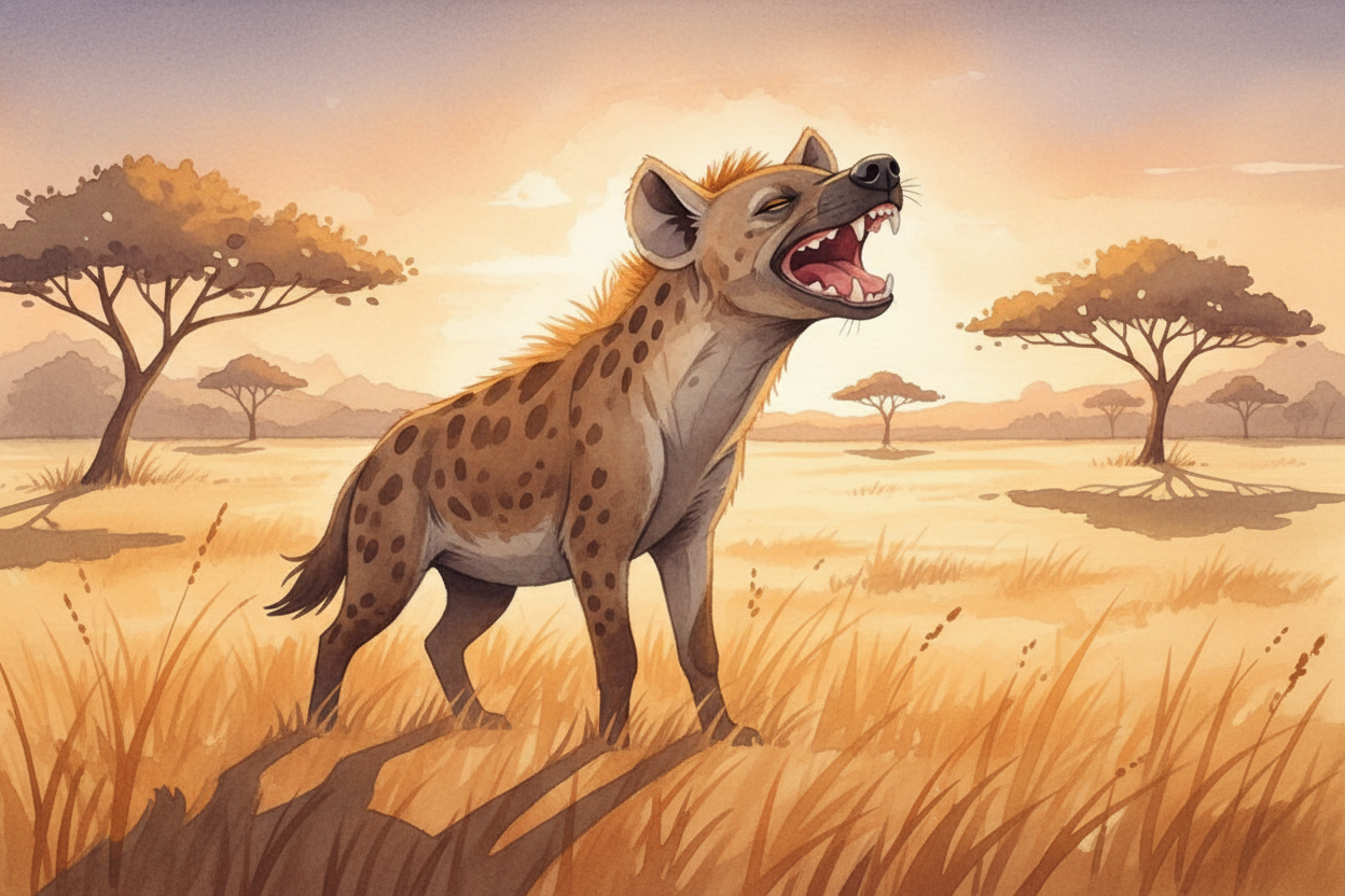 Hyenas trot through the grass at dusk, ~~laughing~~ — that's actually what their call sounds like. They're not just scav