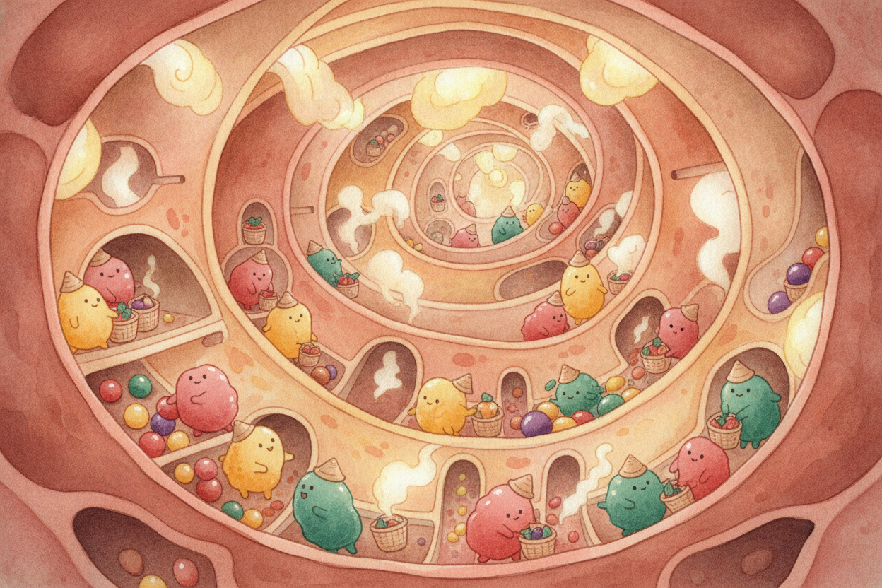 여러분의 장을 한번 보세요. 그곳에는 **수조 마리의 박테리아**가 살고 있고, 그 분주한 공동체를 ++마이크로바이옴++이라고 부릅니다. 여러분 몸속에 있는 **작은 세입자들의 도시**인 셈이지요. 박테리아는 여러분