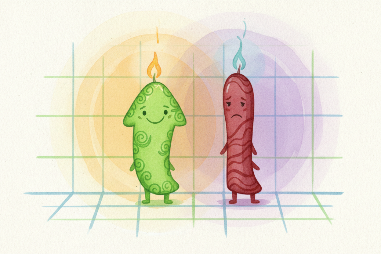Now, color. ~~If the price ended HIGHER than it started~~, the candle usually turns green (or sometimes white) — a *happ