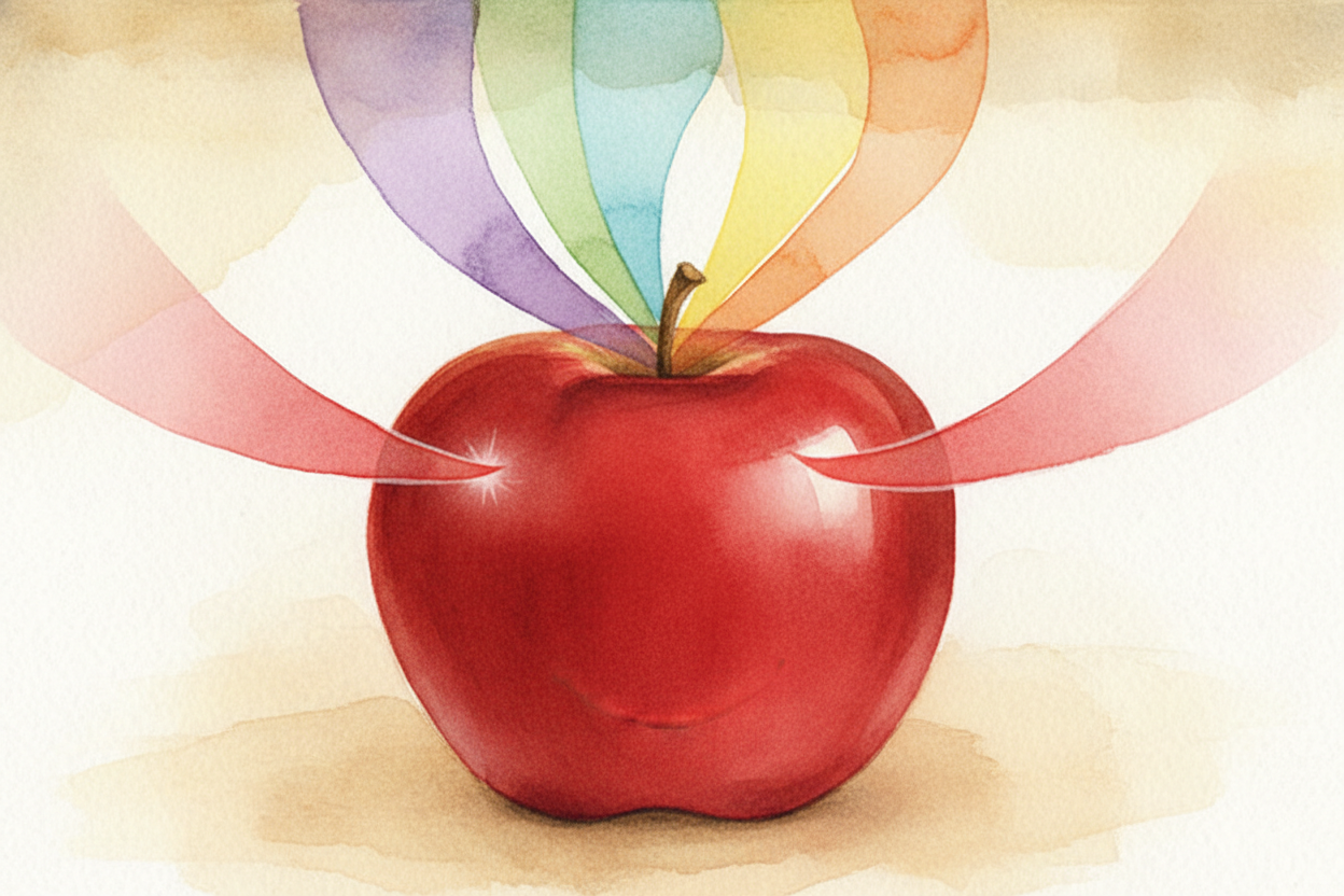 ~~So why does the apple look red?~~ The apple is picky. When all those colors land on it, it *_drinks in_* most of them 
