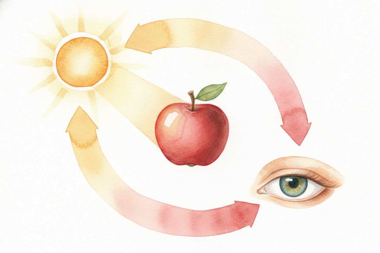 ~~So what *is* color, really?~~ Not a thing sitting in the apple. It's **a conversation** — light leaping out from the s