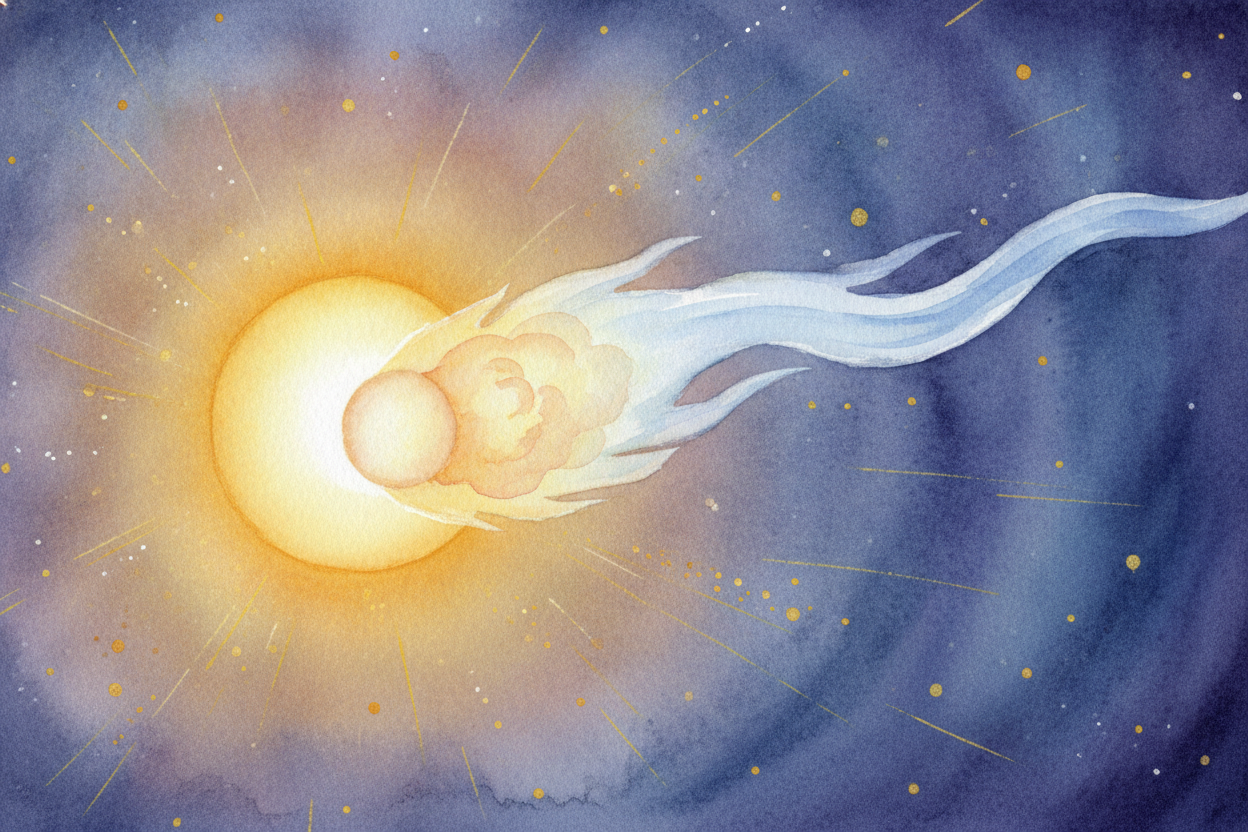 When a comet swings near the sun, it warms up, and its ice turns straight into gas. Suddenly it's puffing out a glowing 