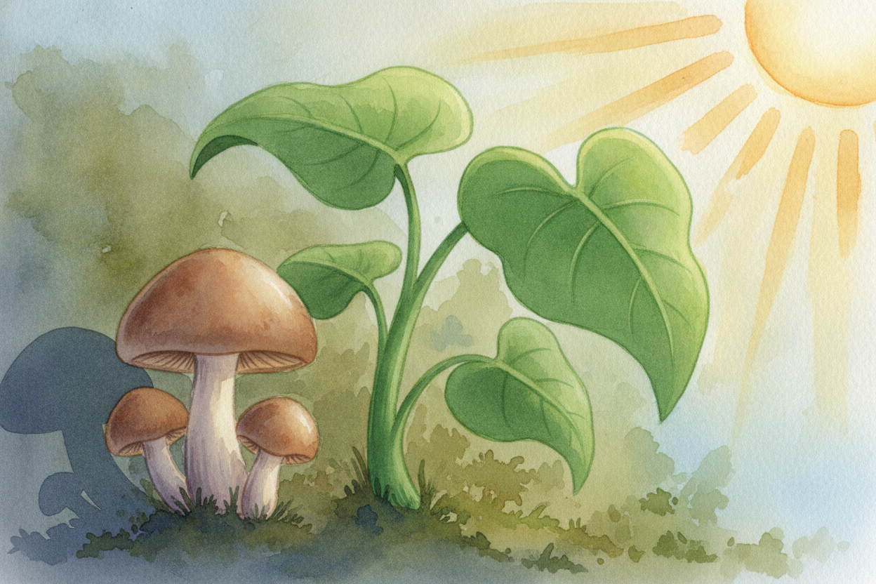 ~~Here's the first big difference.~~ Plants make their own food. They **drink sunlight and turn it into sugar** — _that'