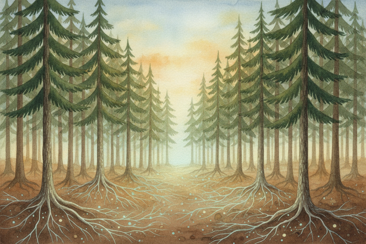 That underground web can grow truly enormous. In one forest in ++Oregon++, a single fungus stretches for kilometres bene