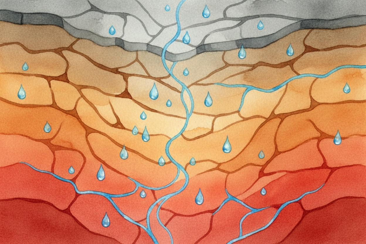 Rainwater and snowmelt seep down through cracks in the rock, trickling deeper and deeper. ~~This journey takes years.~~ 