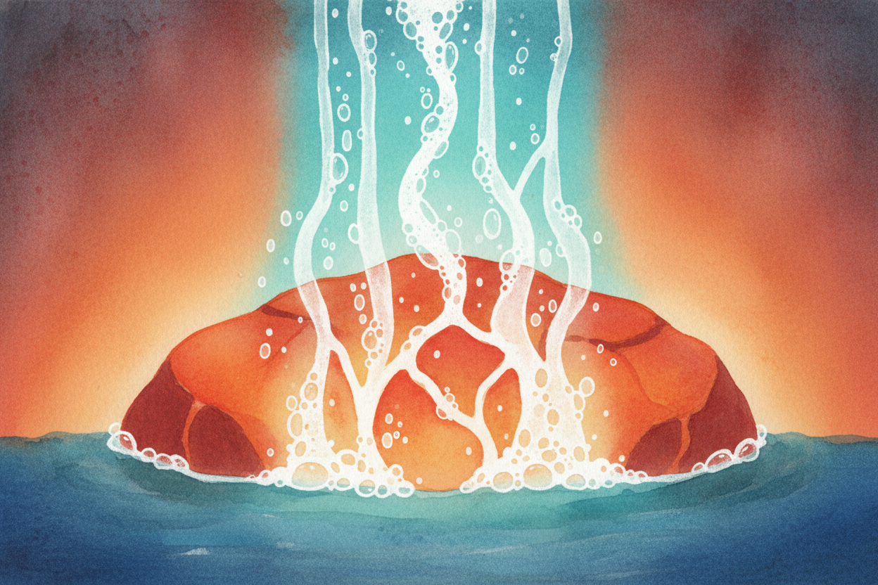 Now the cold water touches hot rock, and ~~physics takes over~~. The water heats up fast — sometimes **past boiling**. H