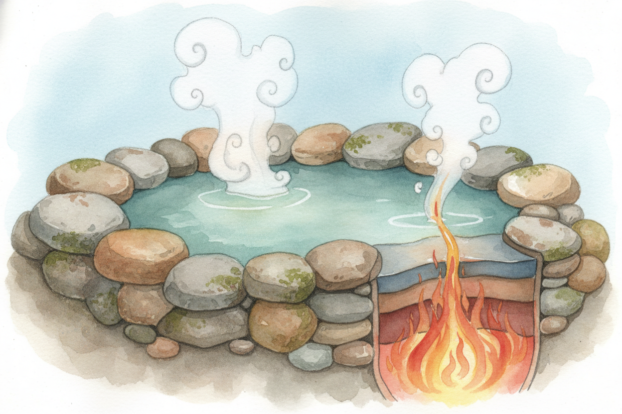 When that superheated water finally ~~breaks through at the surface~~, you get a hot spring. It's just a pool fed by **u