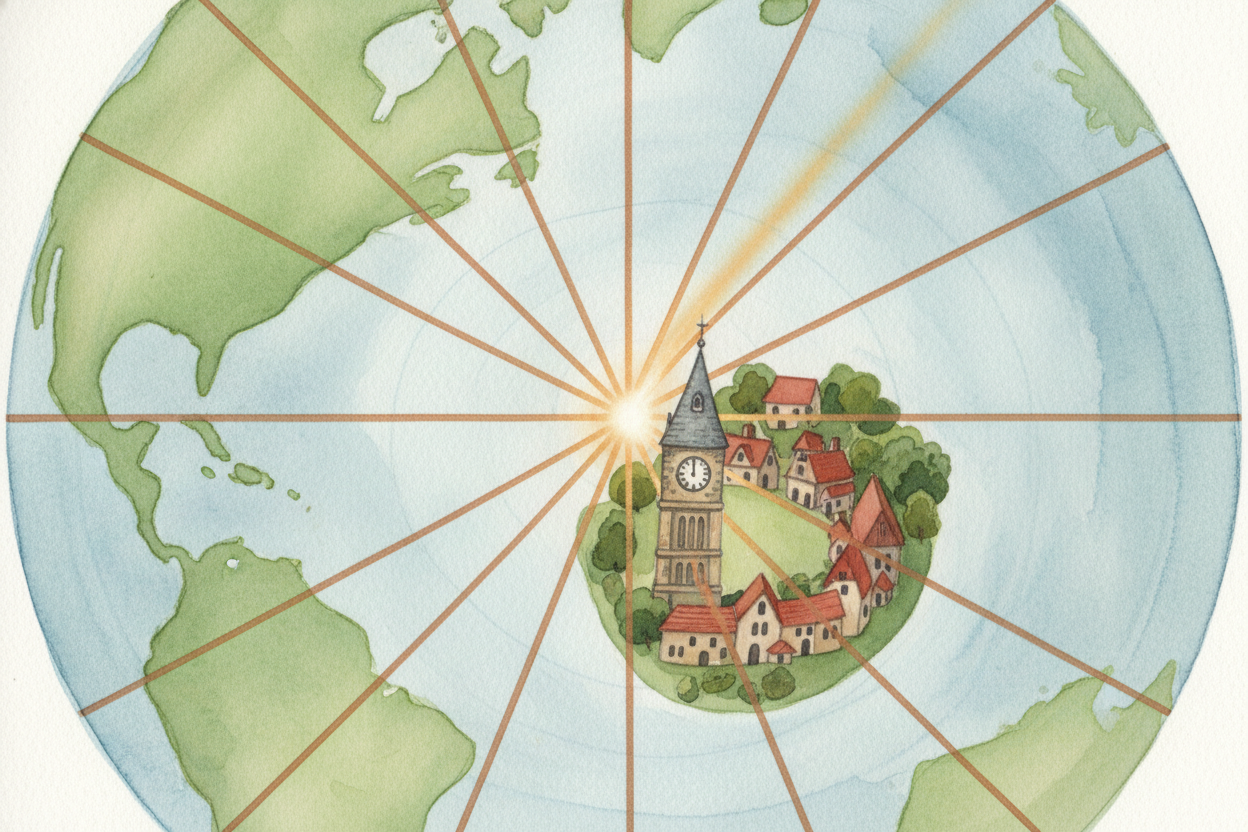 The second set of lines runs north-south, from the top of the world to the bottom, **like the segments of an orange**. T