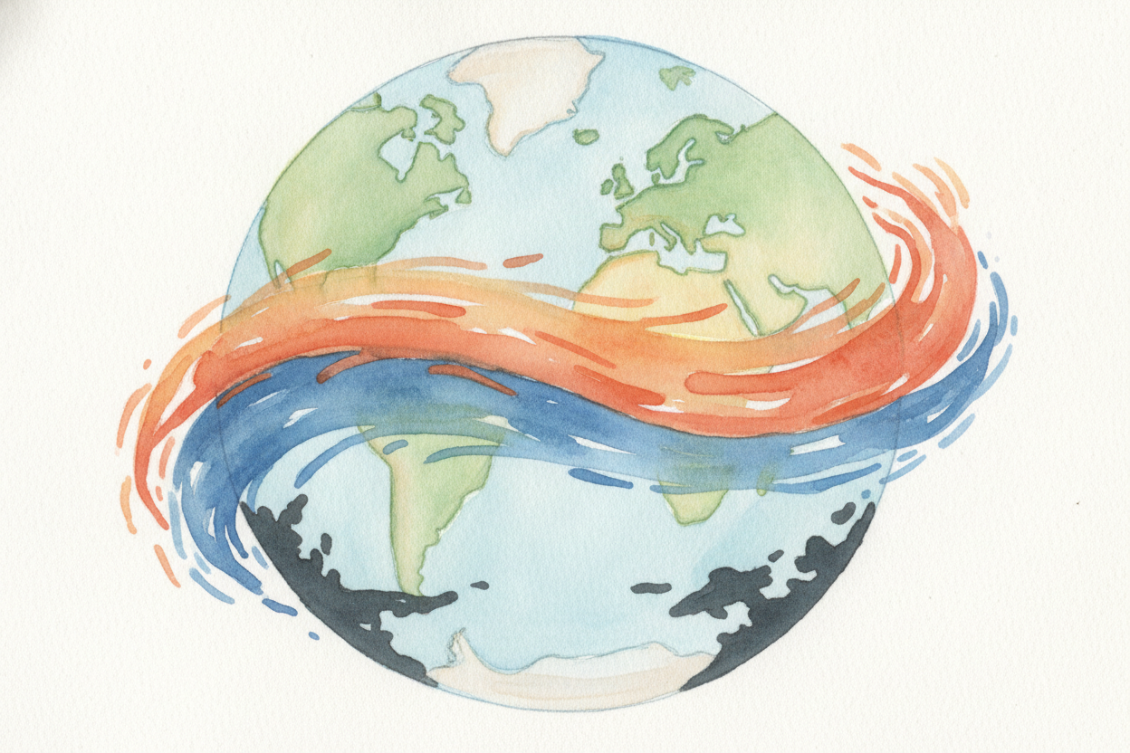 ~~And it's all one connected loop.~~ Warm surface water flows toward the poles, cools down, **grows heavy, sinks deep**,