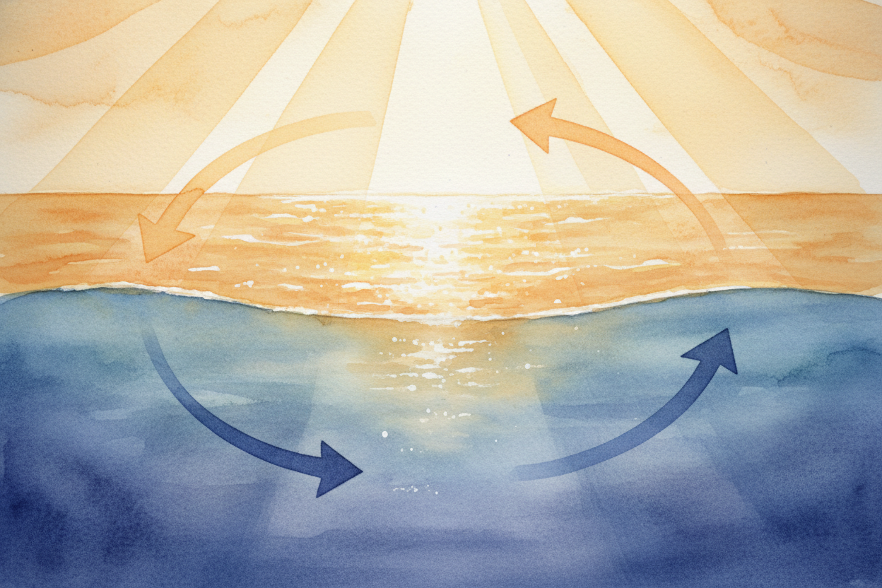 **Ocean currents start with the sun**. The sun heats water near the equator until it's *warm and light*. That warm water