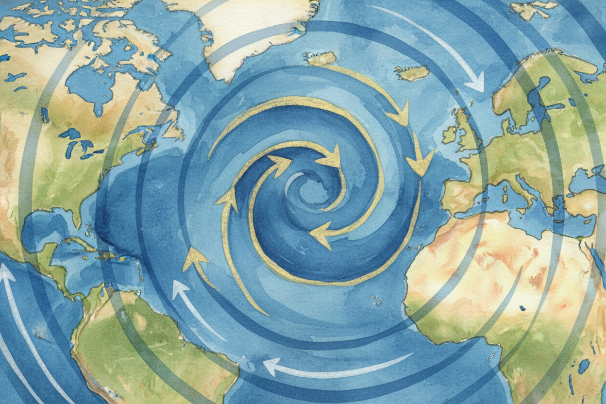 The Earth's spin **adds a twist — literally**. As currents flow north or south, the planet's rotation curves them to the