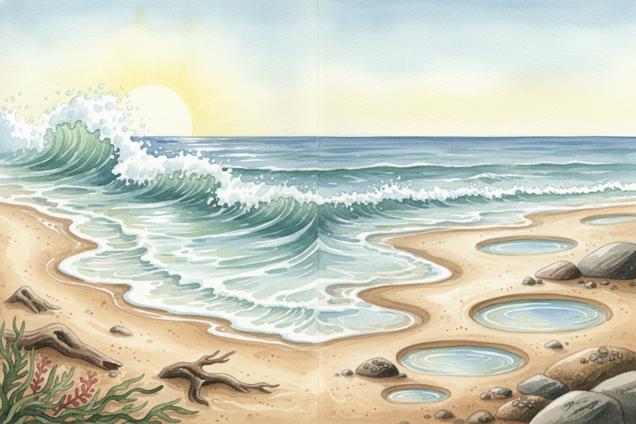 Twice a day, the ocean does something strange. ~~It climbs up the beach like it's decided to visit the sand~~, then hour