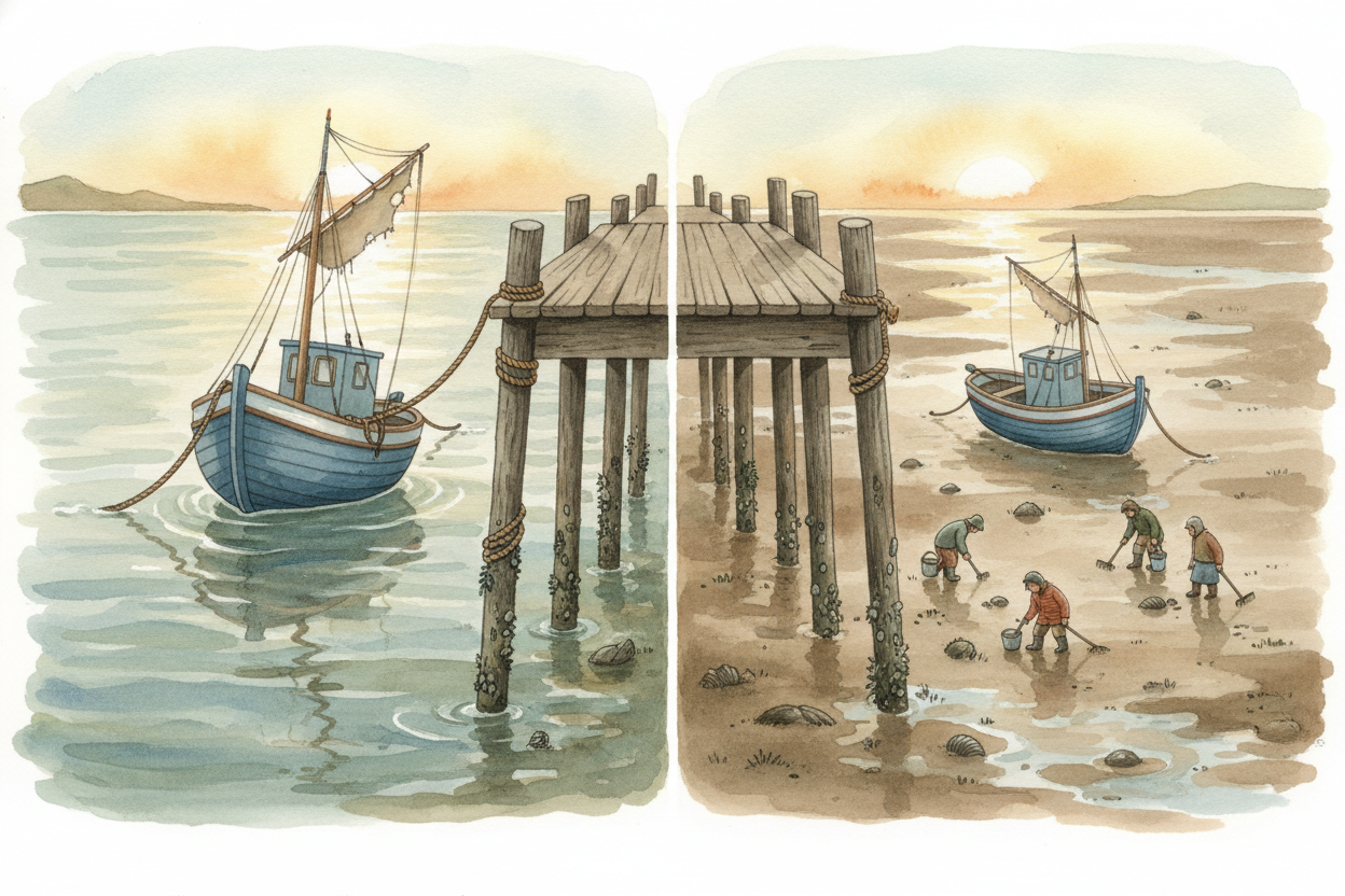 Of course, real coastlines aren't smooth. Bays funnel water into narrow spaces and make tides enormous — the ++Bay of Fu