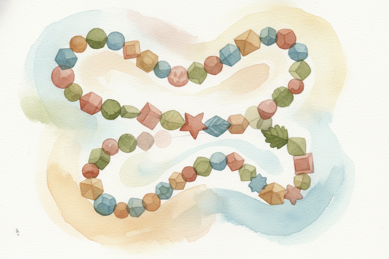 String amino acids in a long chain and the chain folds up into a complicated 3D shape — **like a beaded necklace scrunch