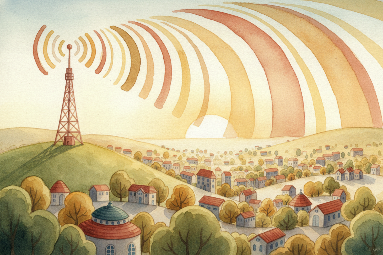 At the radio station, a microphone turns your voice into an electrical signal — a **tiny pattern of voltage going up and