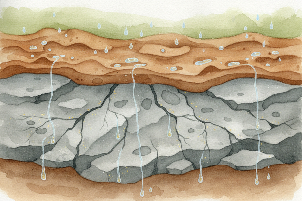 ~~It all starts with rain.~~ When rainwater soaks through soil, it picks up carbon dioxide from rotting leaves and becom