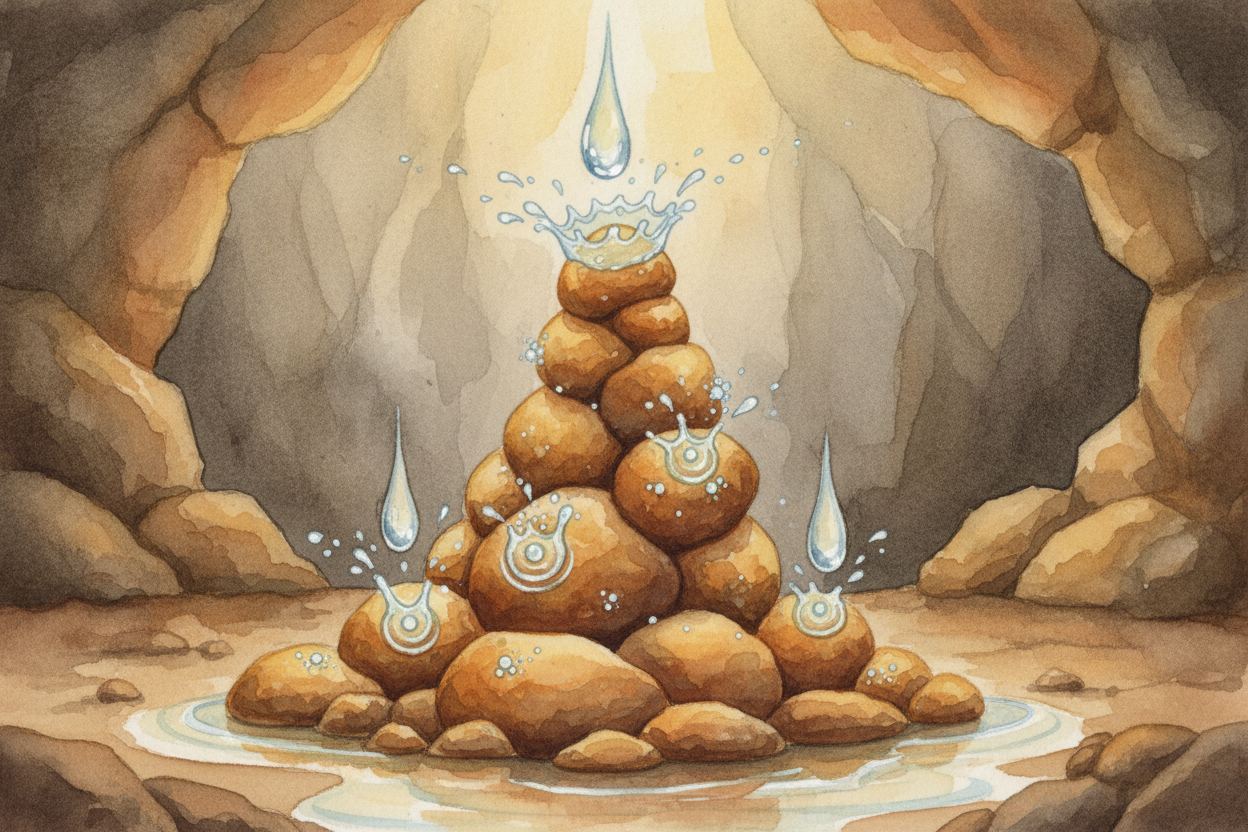 But what about the drop itself? It falls to the cave floor, still carrying a little bit of calcite. When it hits the gro