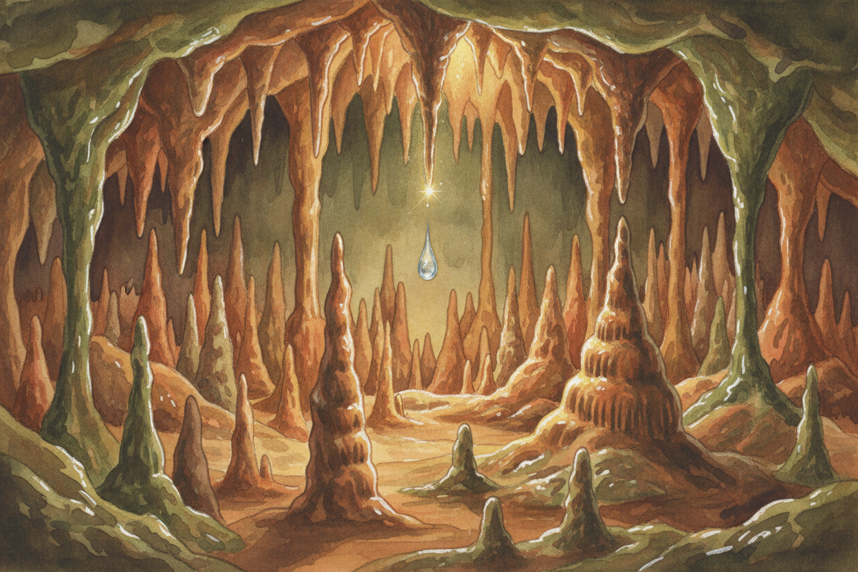 And they're **still growing right now**, in caves all over the world. Every rainstorm adds a few more *invisible grains 