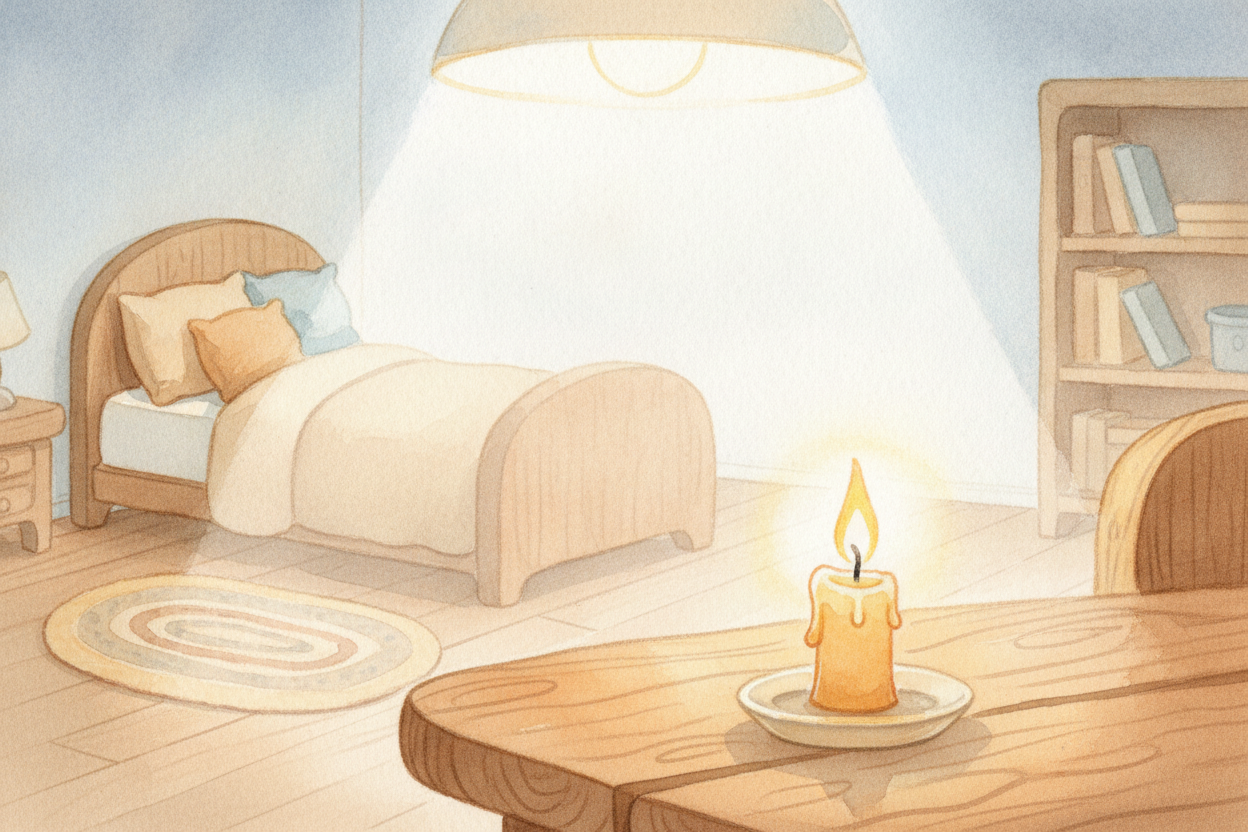 ~~이제 밤의 침실을 떠올려 보세요.~~ *방 건너편의 촛불*은 또렷하게 빛나요. 누군가 밝은 천장등을 켜기 전까지는요. ~~갑자기 촛불은~~ 거의 보이지 않게 돼요. 큰 불빛이 촛불을 꺼 버린 것은 아니에요. 그저
