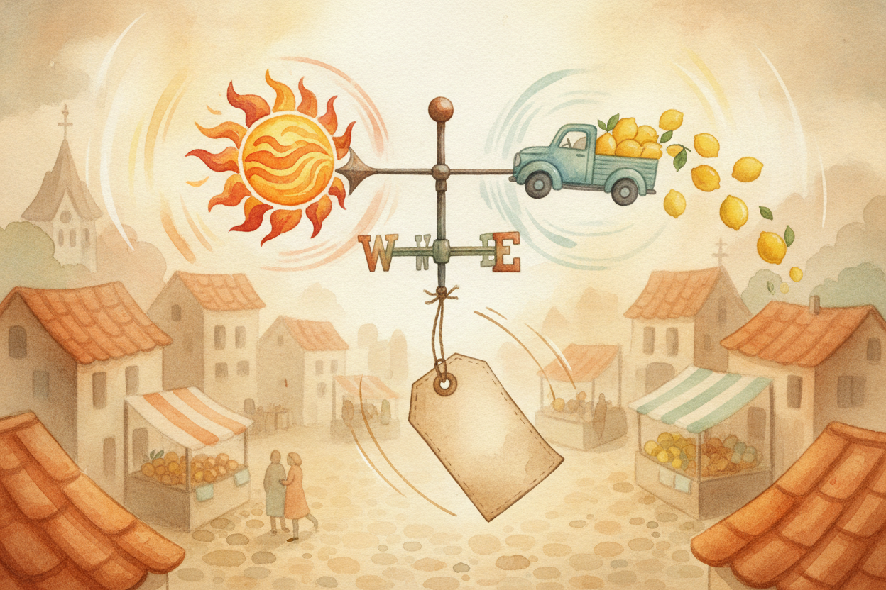 ~~And here's why prices never sit still:~~ the two forces are always shifting. **A heatwave arrives** — more thirst, *de