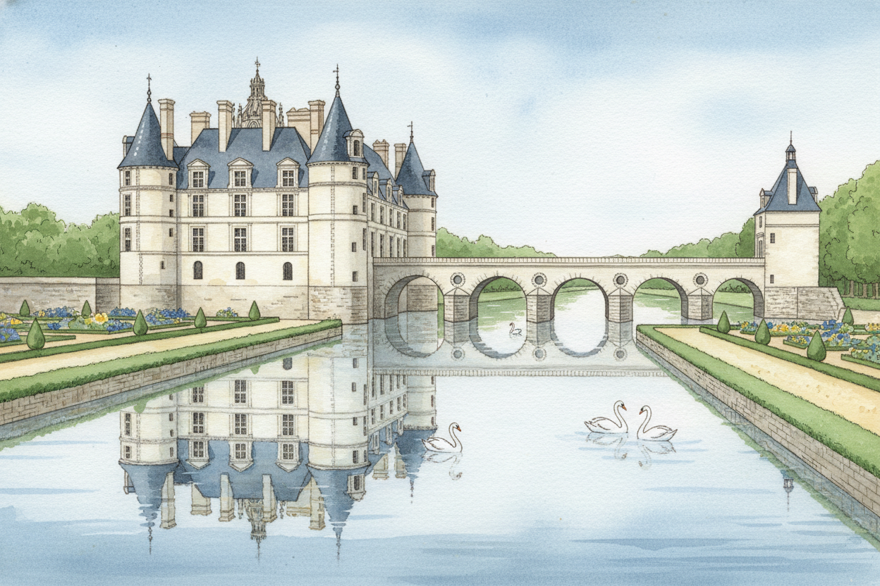 ++Château de Chenonceau++ stretches right across the Cher River like a **bridge wearing a palace**. Women shaped this on