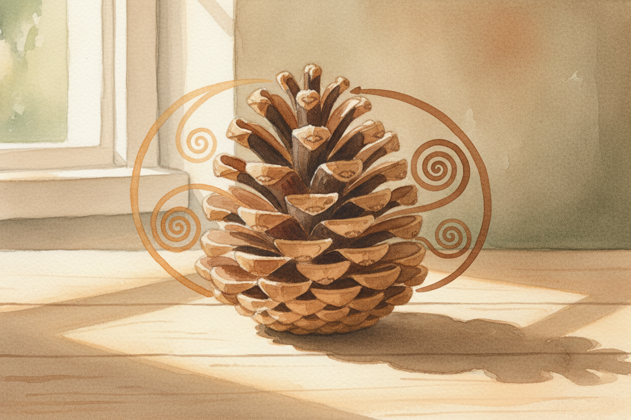 Pinecones use the same trick. Each woody scale grows at **that magic angle** from the last one. Trace the spirals with y