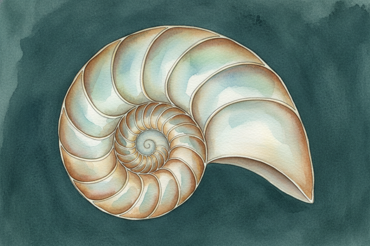 The ++nautilus++ shell builds its spiral by adding a new chamber each time it grows. Each chamber is bigger than the las