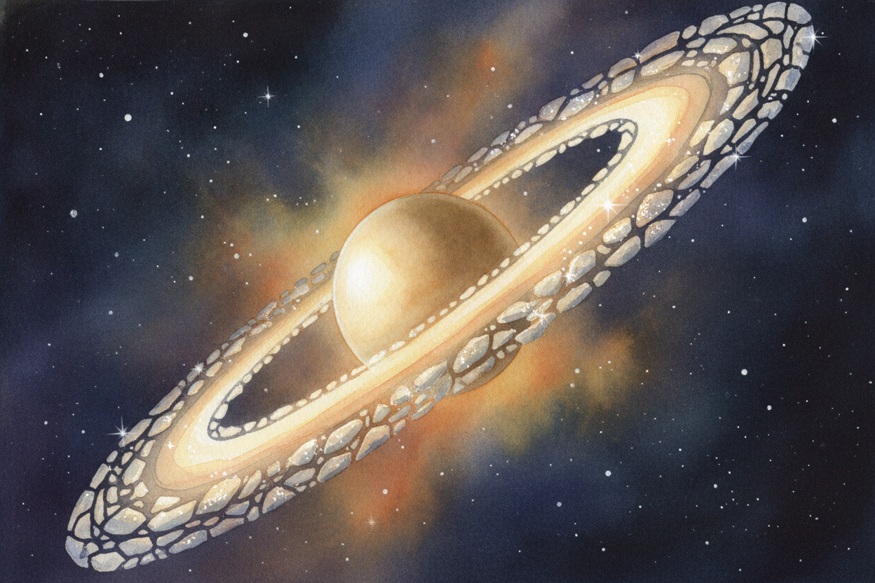 Beside Jupiter swirls ++Saturn++, the showoff with the rings. Those rings aren't solid hoops — they're **billions of chu
