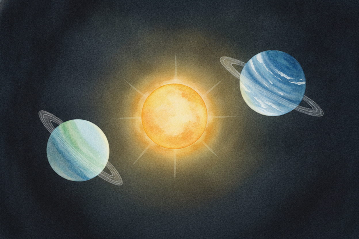 Out in the cold far reaches spin the last two giants, ++Uranus++ and ++Neptune++ — both a deep, frosty blue. Uranus is t