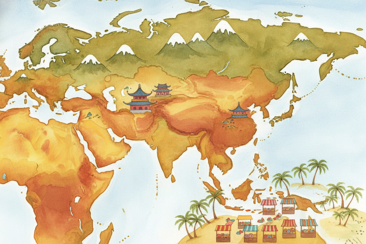 Start with ++Asia++, the **absolute giant**. It stretches from snowy ++Siberia++ down to tropical jungles, and **more th