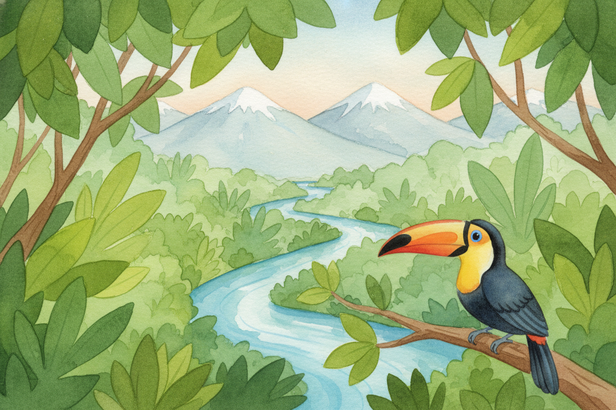 ++South America++ dangles beneath it, connected by the narrow bridge of ++Panama++. The ++Amazon River++ snakes through 