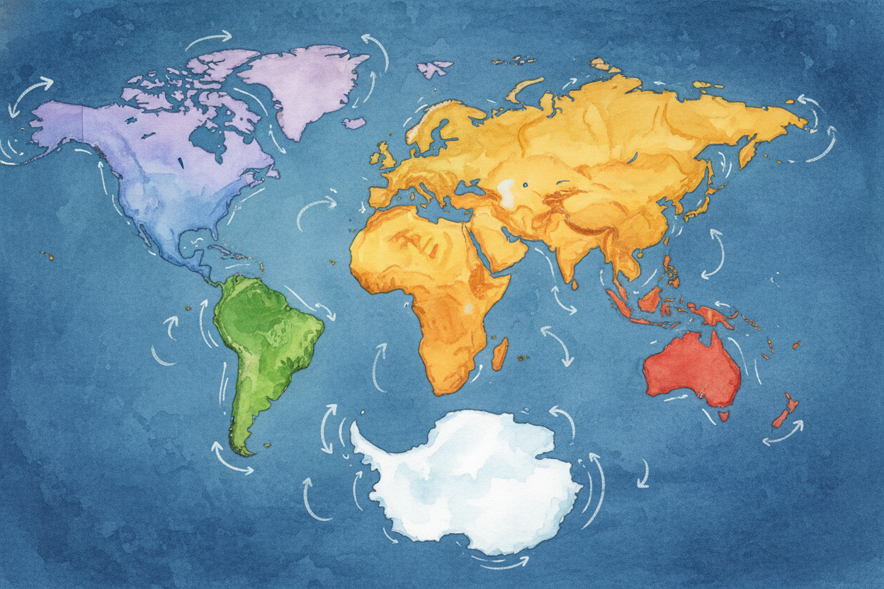 ++Seven continents++, **one spinning planet**. Each one has its own weather, animals, mountains, and people. They drift 