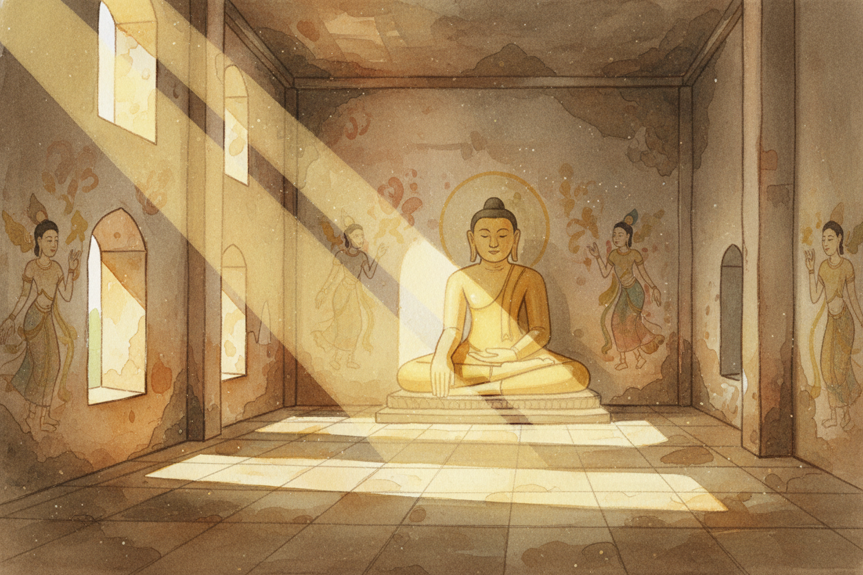 Walk inside one of the big hollow temples today and you'll find cool dim halls painted floor-to-ceiling with stories: th