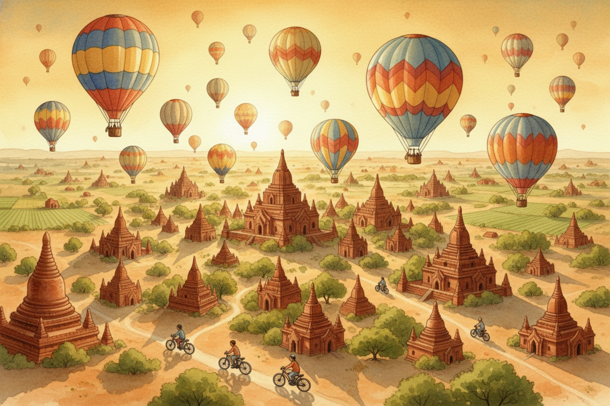 Today, ++Bagan++ is quiet. Farmers grow beans and sesame in the fields between temples. Tourists rent *electric bikes* a