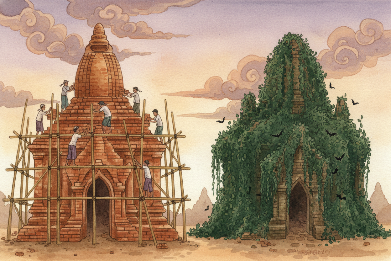 Archaeologists and locals work together now to preserve what's left. Some temples get careful repairs — *matching the ol