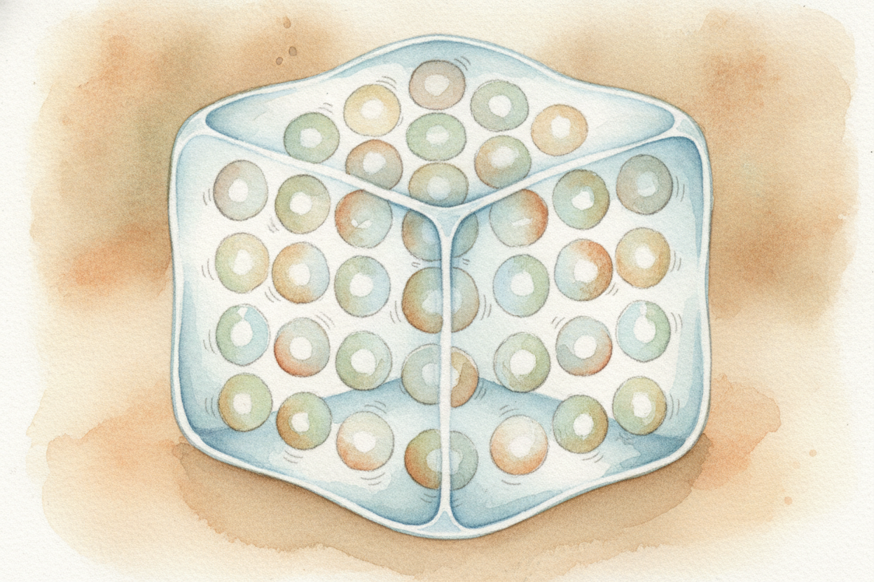 ~~First, the solid.~~ Here the tiny pieces **hold hands tightly** and stand in neat rows, like fans *frozen mid-cheer* i