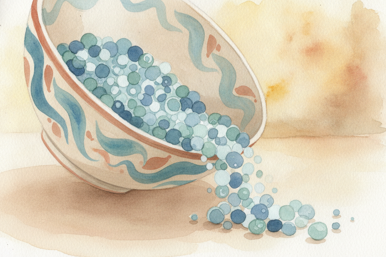Add heat, and you **give those pieces energy** to move. The neat rows break apart. Now you have a liquid — pieces still 