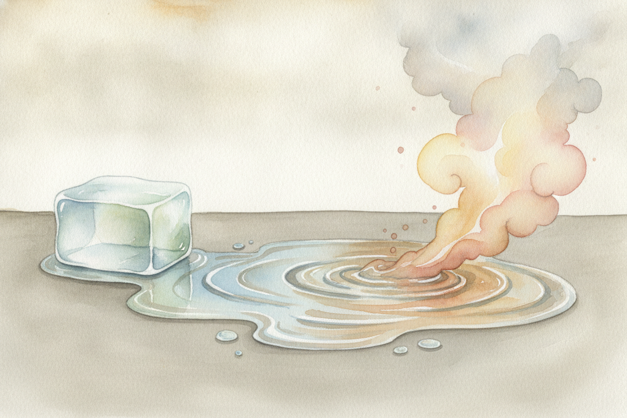 ~~Here's the lovely part:~~ it's **the very same stuff** the whole time. Take ice _(solid)_, warm it into water _(liquid