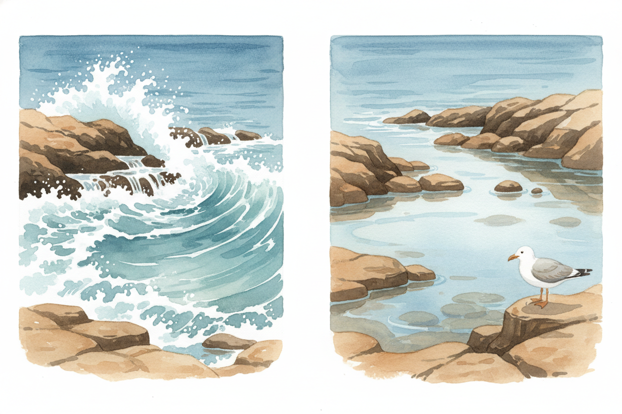 These are ++tide pools++, and they're trickier than they look. **Twice a day** the ocean rushes in and covers them compl