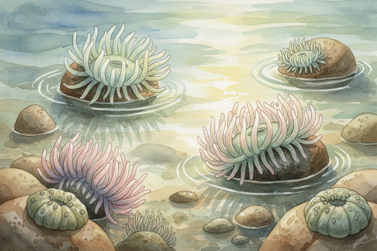 Sea anemones look like underwater flowers, ~~but they're animals with a superpower:~~ when the tide goes out, they pull 