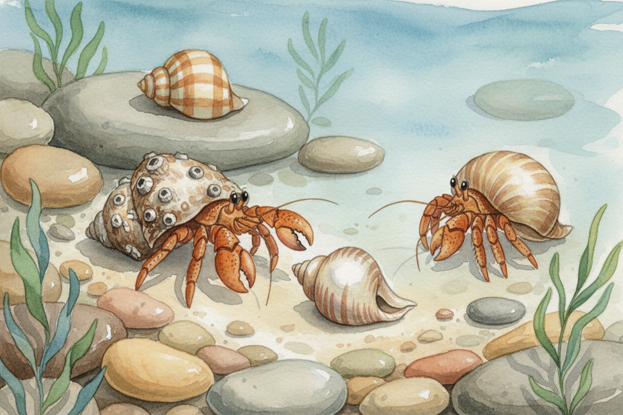 Hermit crabs are the pool's wanderers, ~~always house-hunting~~. They're **born without shells**, so they borrow empty o