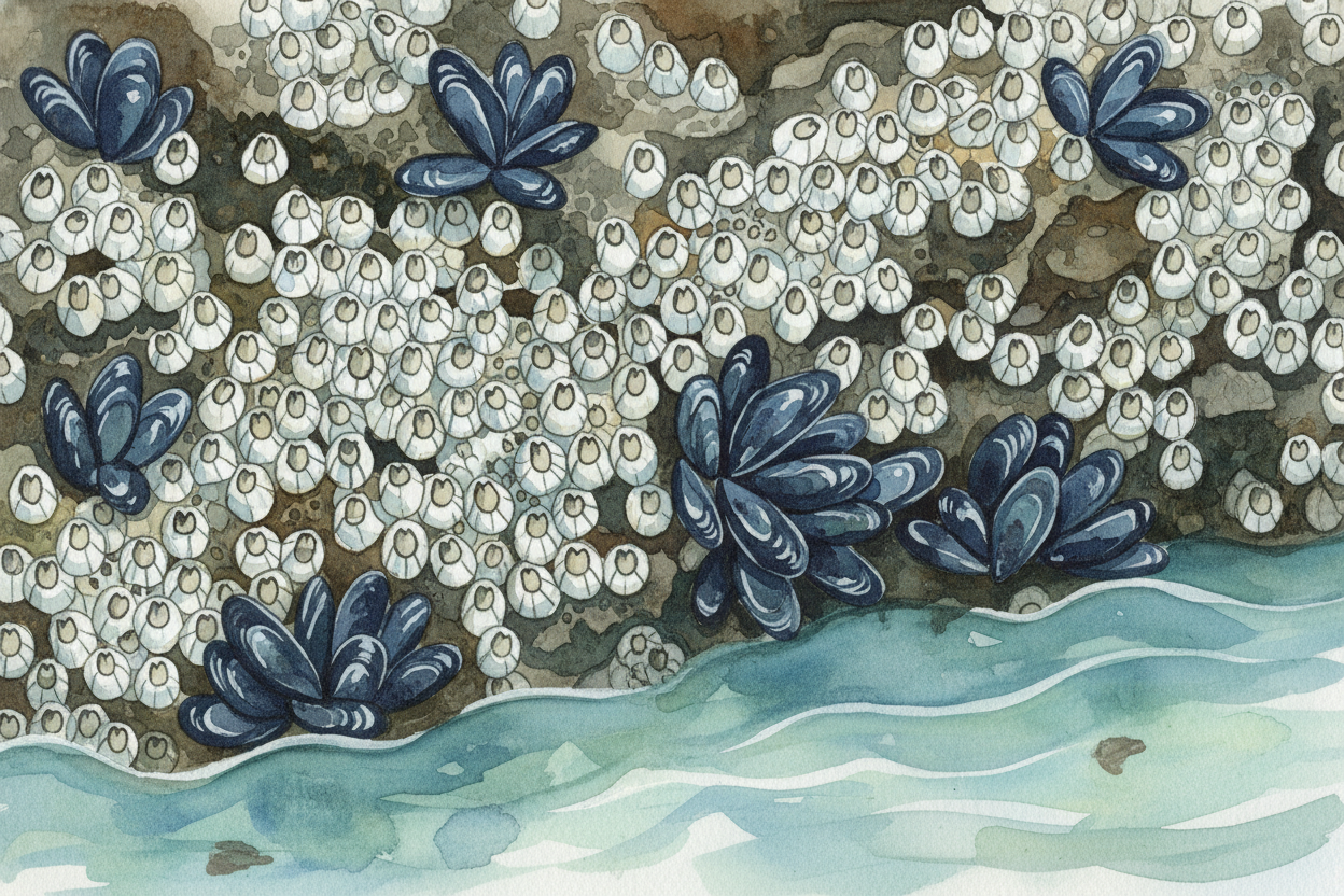 The real architects of tide pools are the barnacles and mussels. Barnacles **glue themselves head-first** to rocks as ba