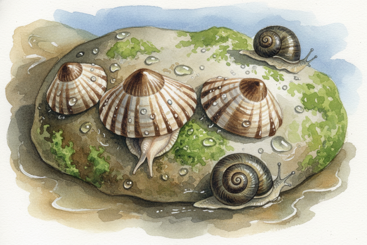 Then there are the scrapers and grazers: limpets and snails that spend low tide munching algae off the rocks ~~like tiny