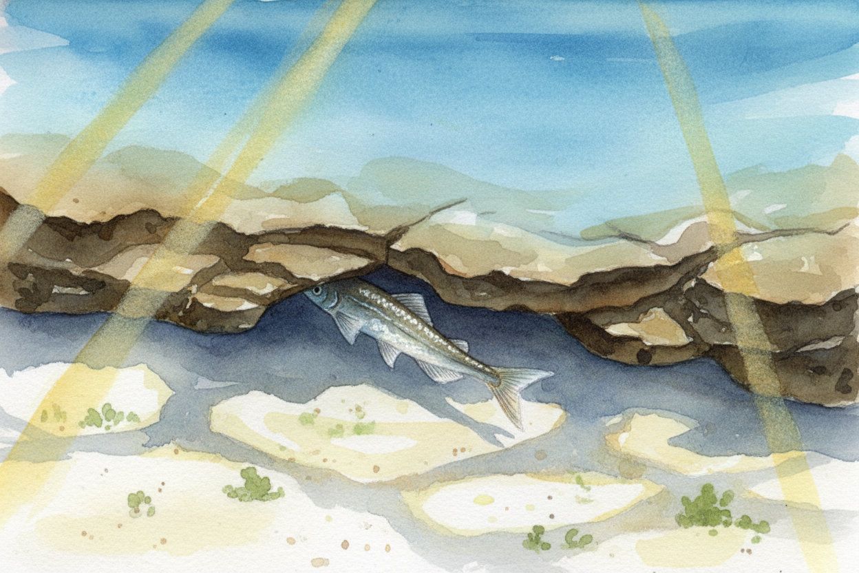 Small fish dart between the pools when the tide rises, but some get trapped when it falls — ~~so they hide under ledges 