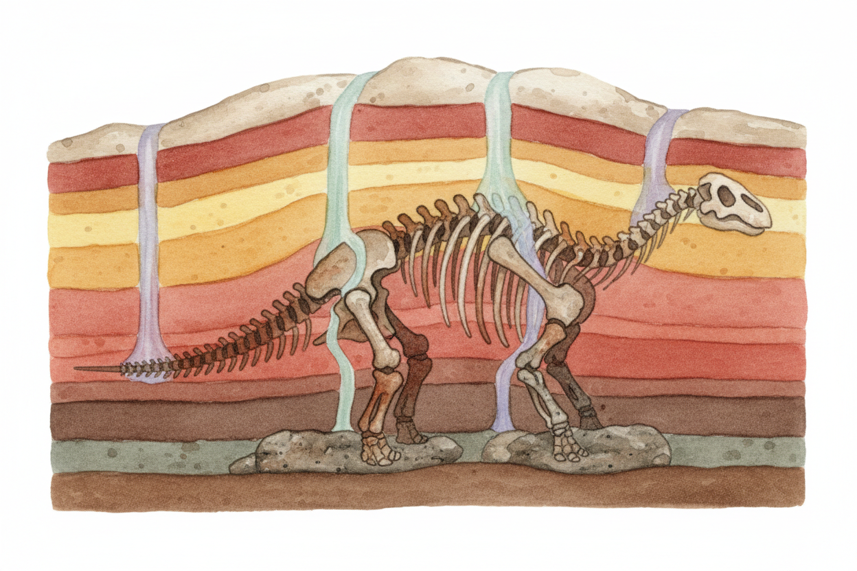 A fossil forms when a dinosaur dies and gets **buried quickly** — usually in mud or sand. Over *millions of years*, mine
