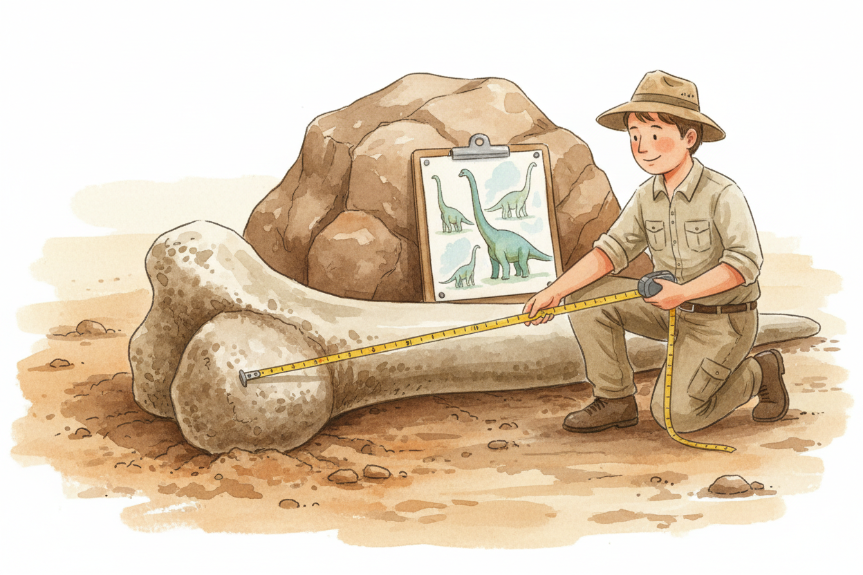 The bones themselves tell us the dinosaur's size and shape. ~~A giant thigh bone means a giant dinosaur.~~ **Long neck b