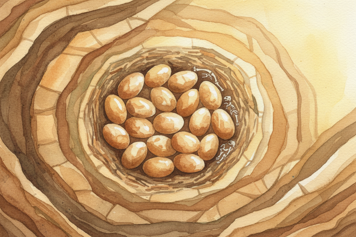 Occasionally we find **fossilized eggs and nests**. The eggs tell us *how big the babies were*. The nests — ~~sometimes 